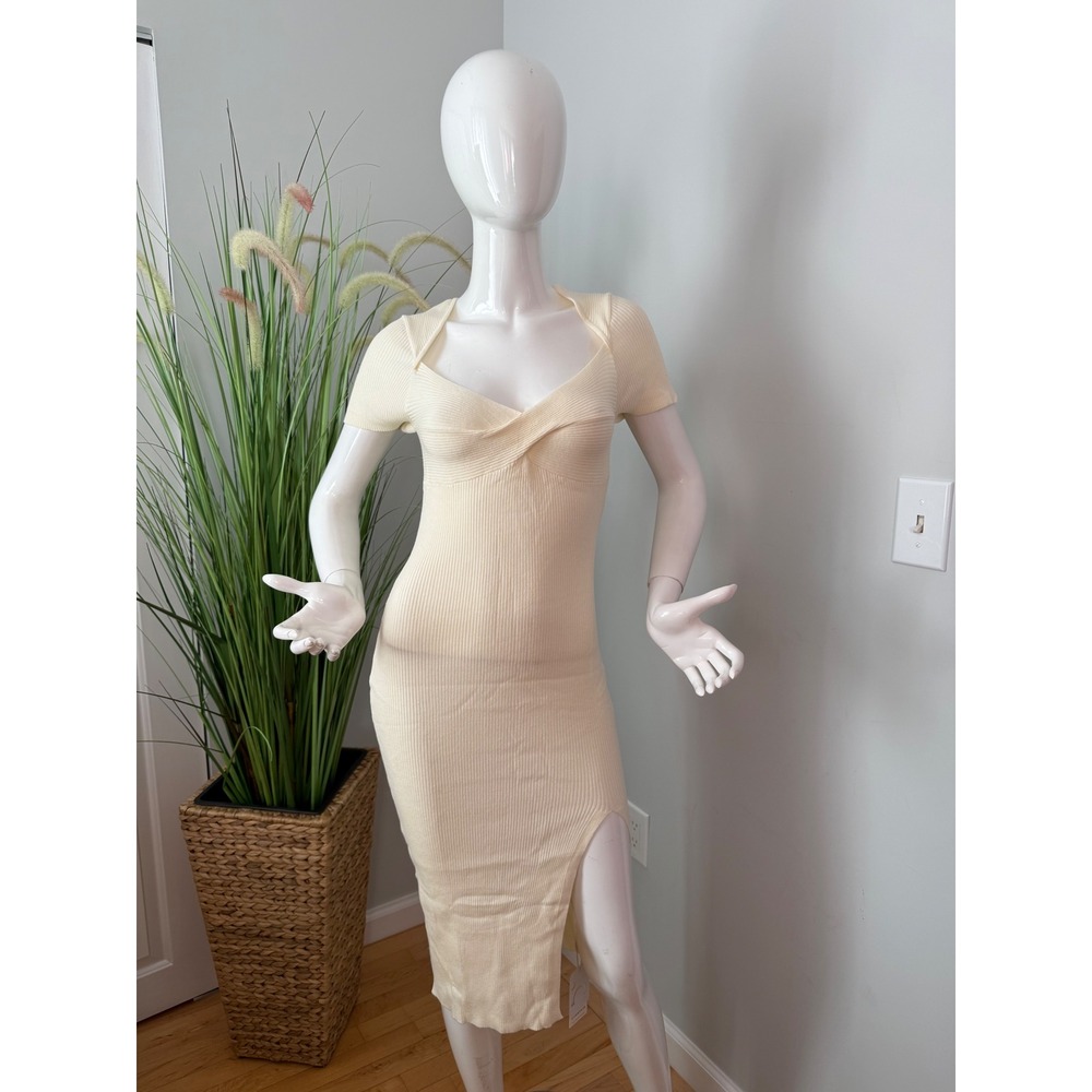 Commense Cream Ribbed Midi Dress with Side Slit